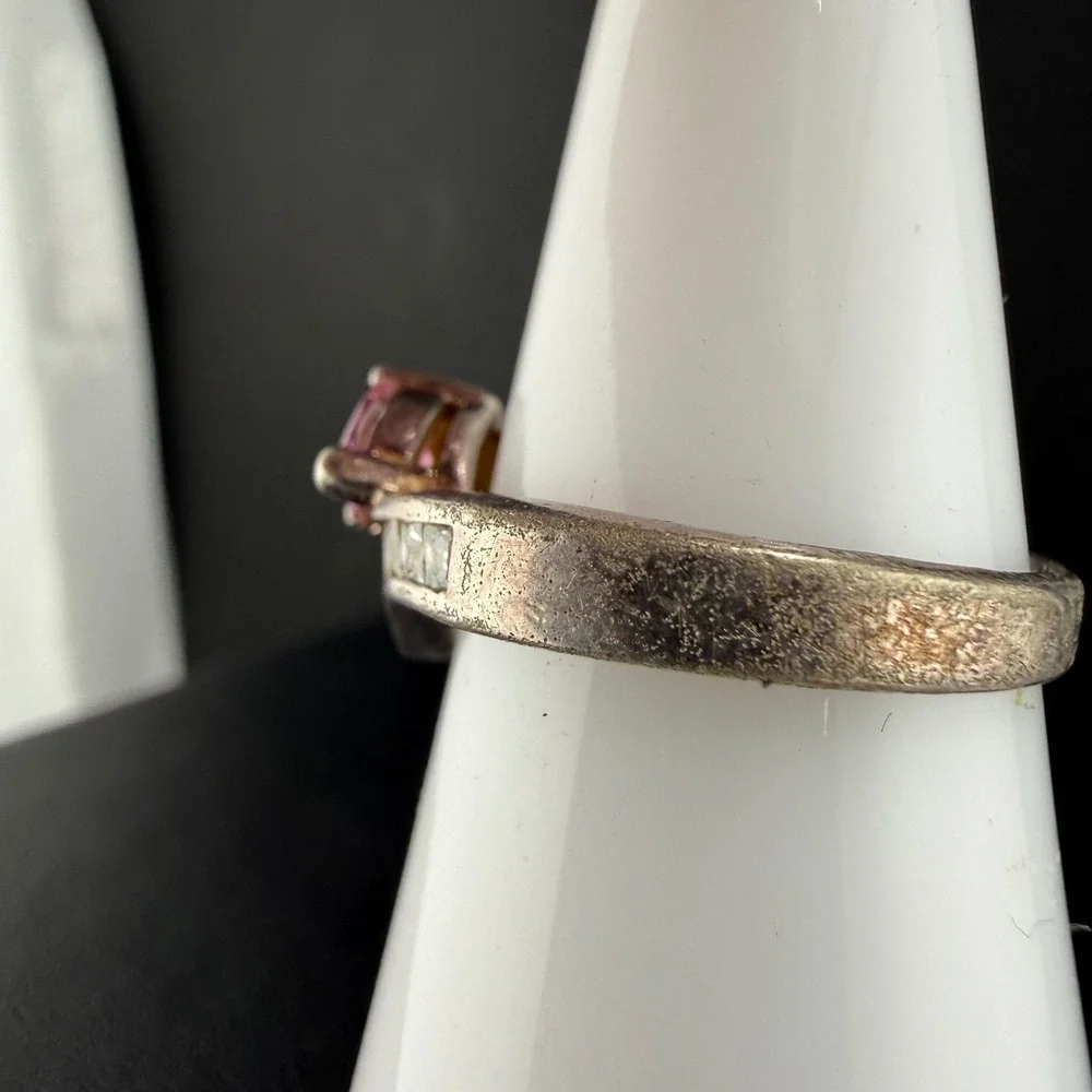 Vintage IBB Ring Pink Heart Trillion Bypass Sterling Silver Size 8.25 READ